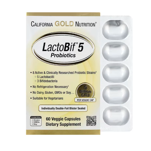 California Gold Nutrition LactoBif 5 Probiotics offers 60 veggie capsules containing 8 active probiotic strains, including 5 Lactobacilli and 3 Bifidobacteria, with 5 billion CFU per capsule, suitable for vegetarians and free from dairy, gluten, GMOs, and soy.