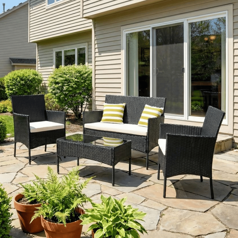 Outdoor patio set with black wicker furniture, including a loveseat, two chairs, and a glass-top coffee table, accented with yellow-striped pillows. Terracotta pots with greenery surround the seating area, set on a stone patio against a house with sliding glass doors.