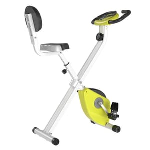 A compact folding exercise bike with a lime green pedal unit, adjustable backrest, padded seat, and digital display on the handlebars for tracking workouts.