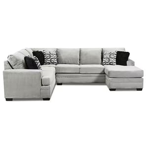 L-shaped gray sectional sofa with multiple cushions, including patterned and solid black ones, featuring a chaise lounge on the right side.