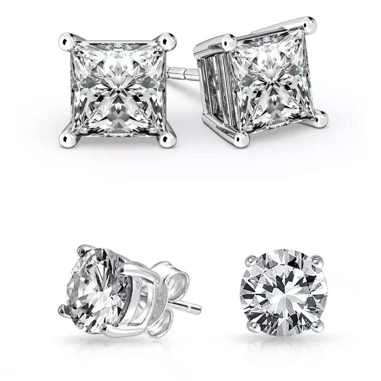 Two pairs of stud earrings are shown: one with square-cut stones in a prong setting, and the other with round-cut stones in a similar setting, both likely set in silver or white gold.