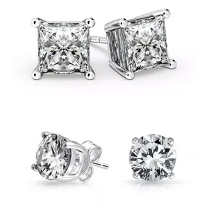 Two pairs of stud earrings are shown: one with square-cut stones in a prong setting, and the other with round-cut stones in a similar setting, both likely set in silver or white gold.