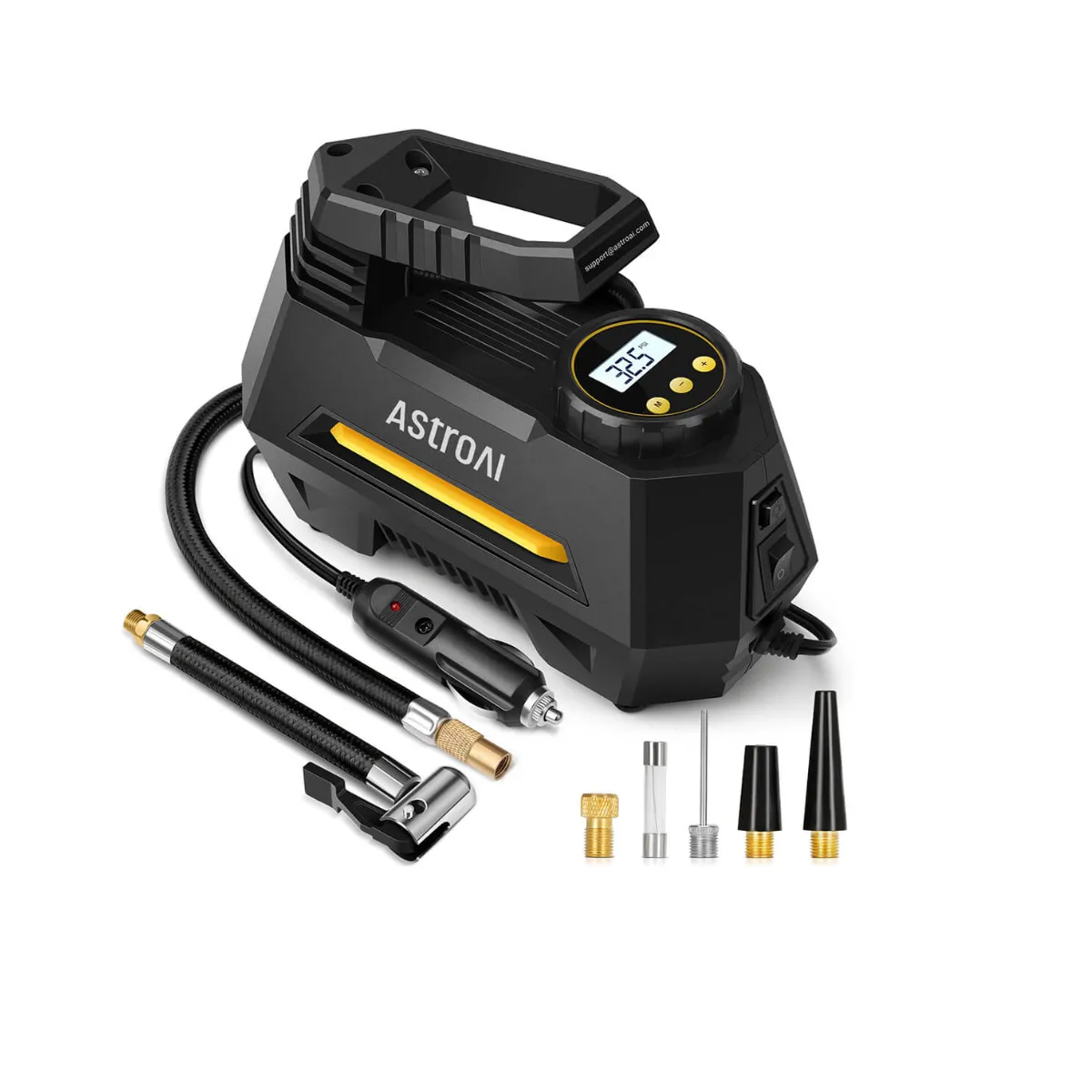This is a digital tire inflator with a pressure gauge, hose, and attachments for different valves.