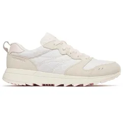 A stylish sneaker with a beige and white color scheme, featuring a textured floral pattern on the sides and suede accents.