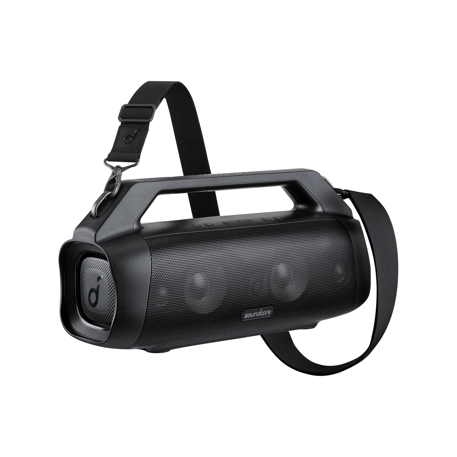 A portable Soundcore Bluetooth speaker with a sturdy design, featuring a built-in handle and adjustable strap for easy carrying. The speaker is equipped with multiple controls on top and a mesh grille for sound output.