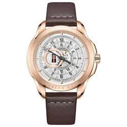 A men's rose gold-tone watch with a brown leather strap, featuring a silver dial with visible gears and a unique time display.