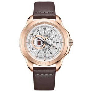 A men's rose gold-tone watch with a brown leather strap, featuring a silver dial with visible gears and a unique time display.