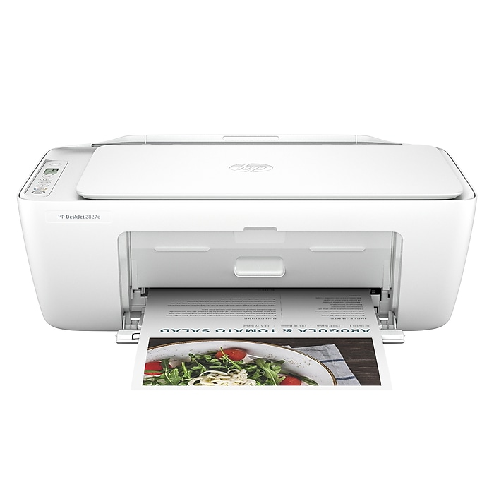 White HP DeskJet 2727e printer printing a color document featuring an arugula and tomato salad.
