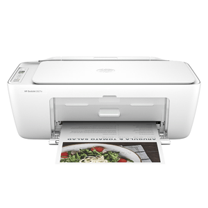 White HP DeskJet 2727e printer printing a color document featuring an arugula and tomato salad.