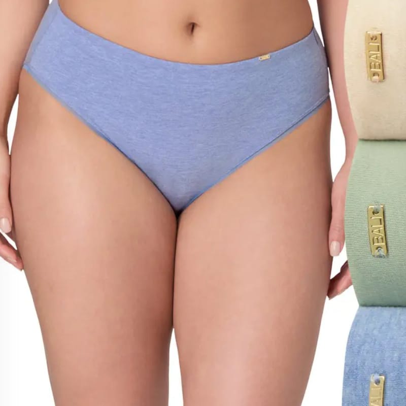 Blue bikini brief underwear with a gold label, displayed with additional color options visible on the right, each featuring a similar gold label.