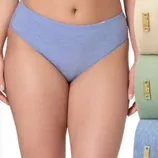 Blue bikini brief underwear with a gold label, displayed with additional color options visible on the right, each featuring a similar gold label.