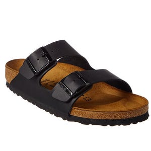 A black sandal with two adjustable straps and a cork footbed designed for comfort.