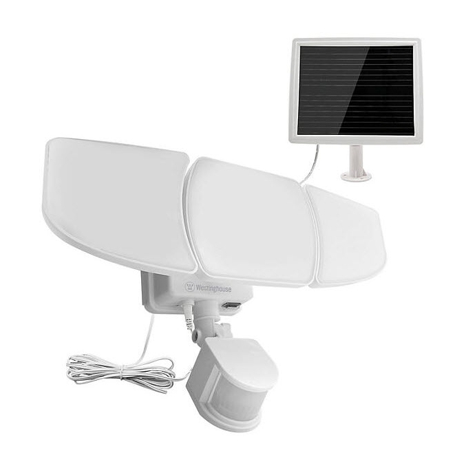 White LED solar motion light with three adjustable panels, powered by a small solar panel connected via a cable.