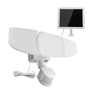 White LED solar motion light with three adjustable panels, powered by a small solar panel connected via a cable.