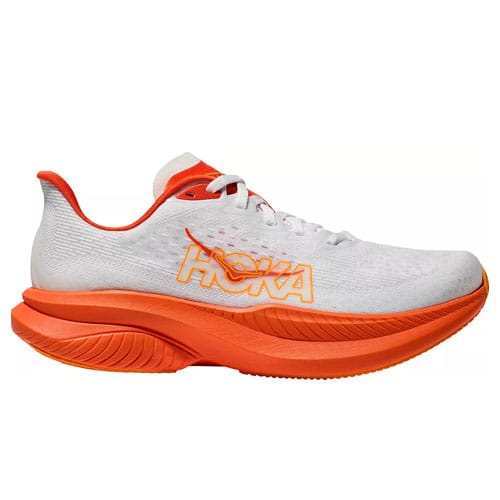 Running shoe with a white upper and orange sole, featuring the \“Hoka\“ logo.