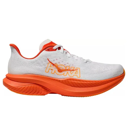 Running shoe with a white upper and orange sole, featuring the \“Hoka\“ logo.