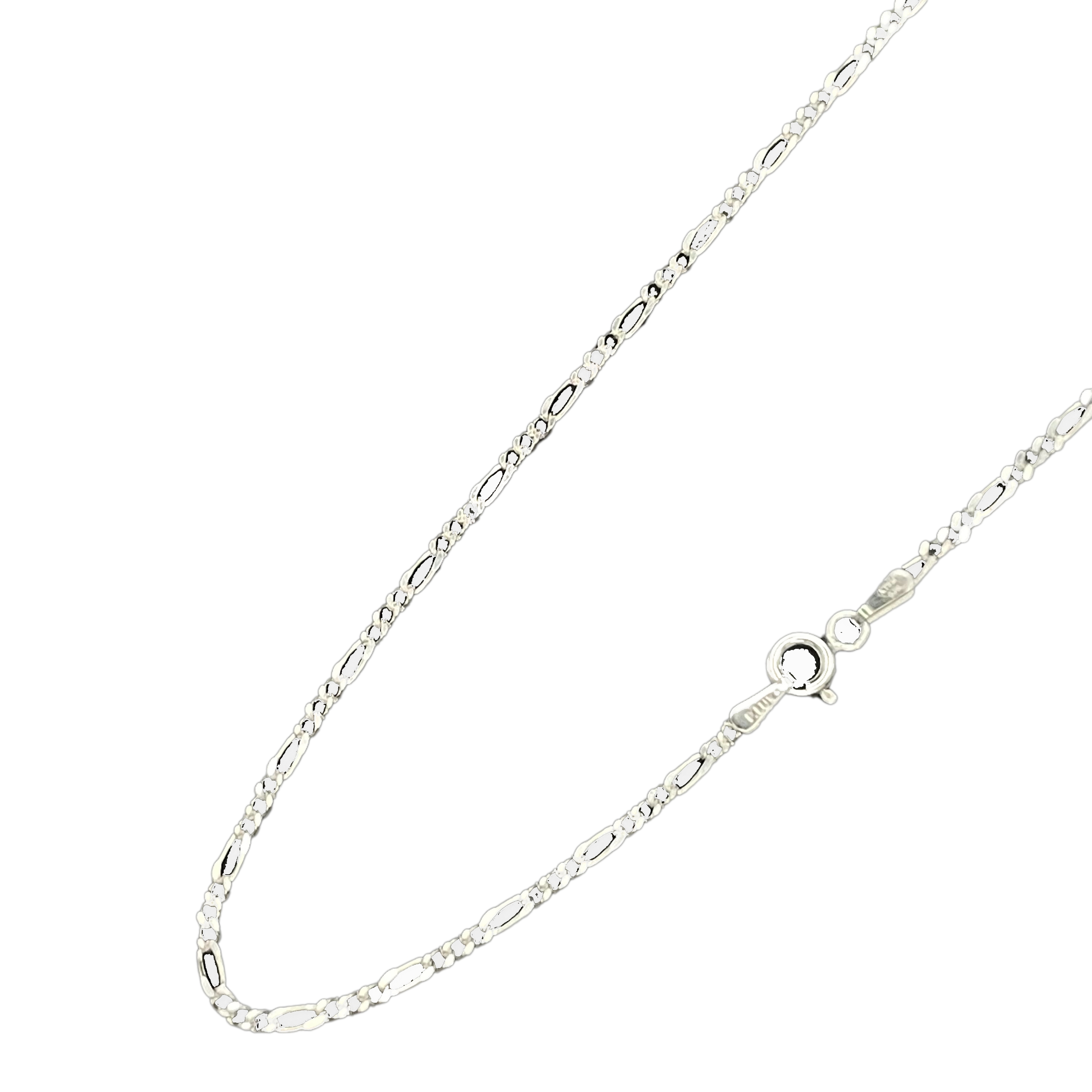 A silver Figaro chain necklace featuring interlocking flat links and a spring ring clasp.