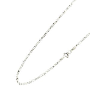 A silver Figaro chain necklace featuring interlocking flat links and a spring ring clasp.