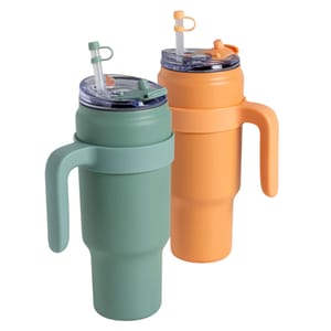 Two tumblers, each 40oz, feature a handle and lid with a straw. One is mint green and the other orange, designed for easy carrying and sipping.