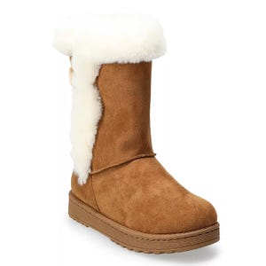 A brown suede winter boot with a flat sole and white fleece lining and trim, reaching mid-calf height.