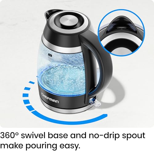 A glass electric kettle with a 360° swivel base and a no-drip spout; it features a black handle and accents.