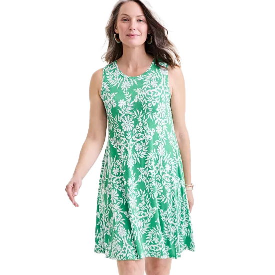 Sleeveless A-line dress with a green and white floral pattern, ideal for casual wear.
