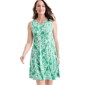 Sleeveless A-line dress with a green and white floral pattern, ideal for casual wear.