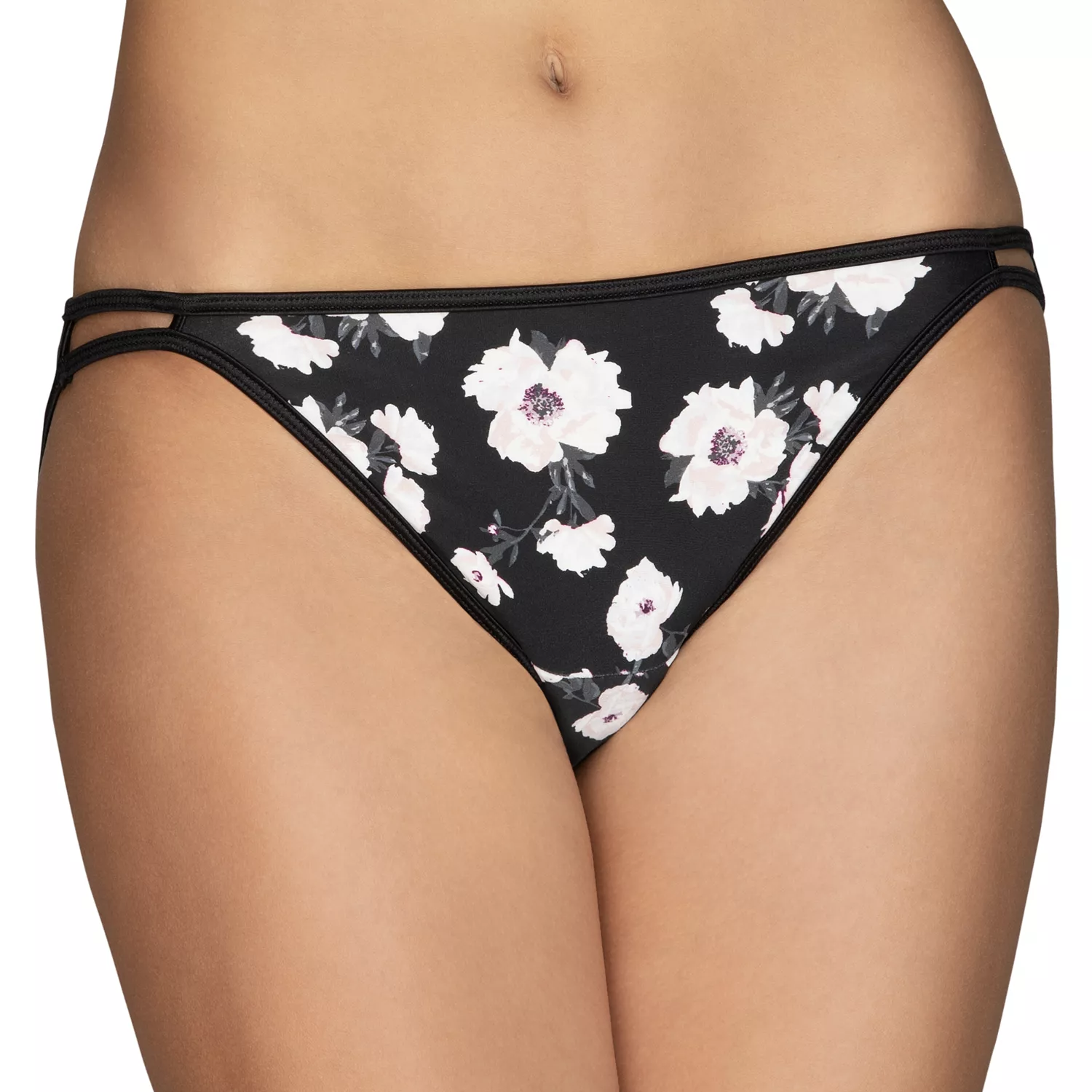 Black floral bikini bottoms with white flowers and dual side straps.