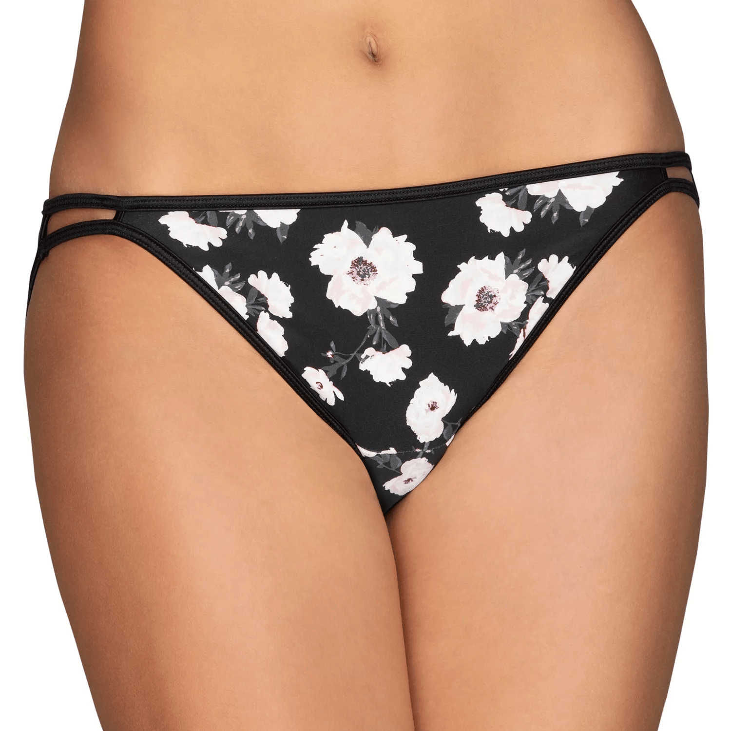 Black floral bikini bottoms with white flowers and dual side straps.