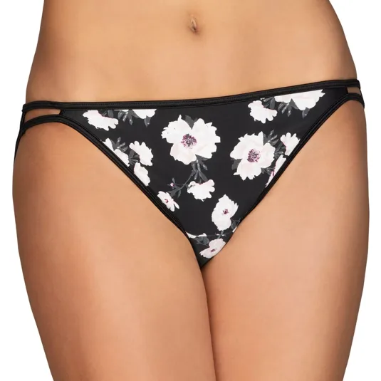 Black floral bikini bottoms with white flowers and dual side straps.