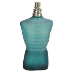 A turquoise, torso-shaped bottle with horizontal stripes representing Jean Paul Gaultier's Le Male Eau de Toilette.