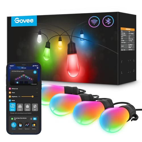 Colorful string lights are displayed alongside a smartphone app, suggesting smart connectivity and color control features for outdoor lighting.