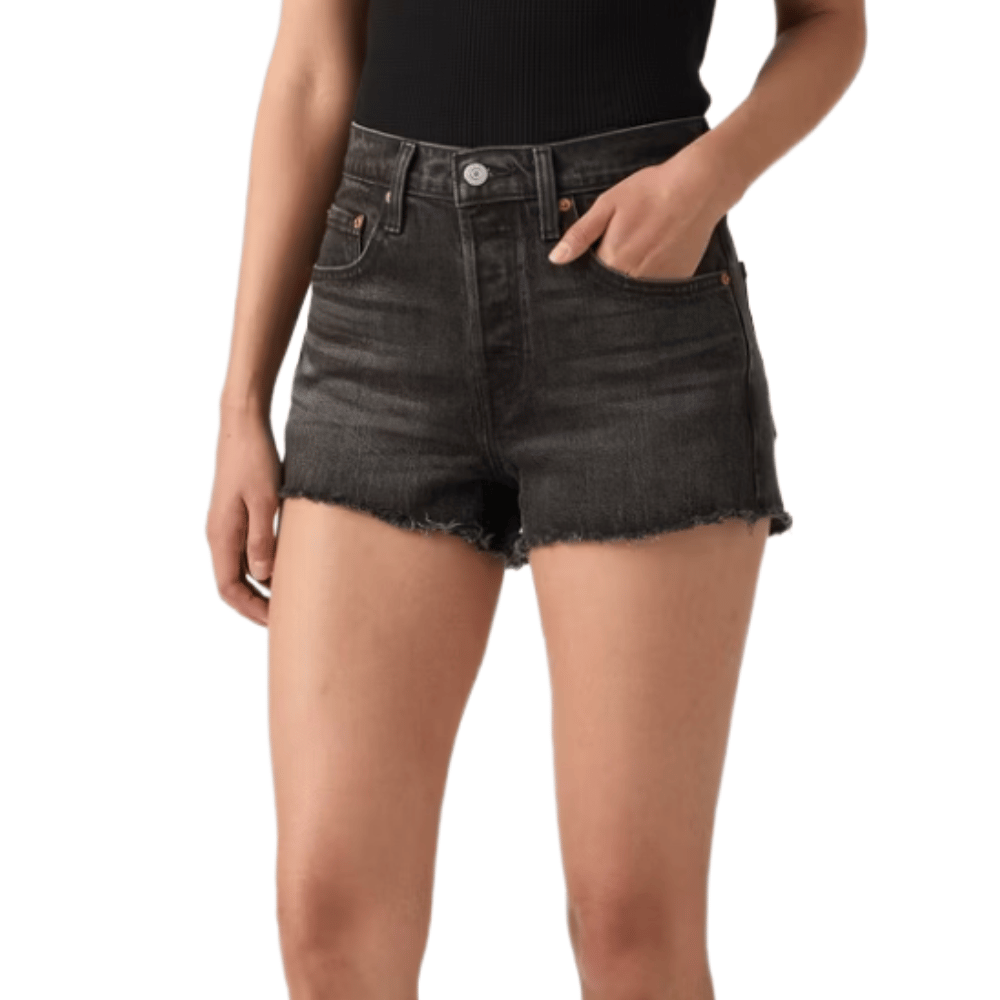 High-waisted black denim shorts with frayed hems, featuring a button and zipper closure, front pockets, and a fitted silhouette.