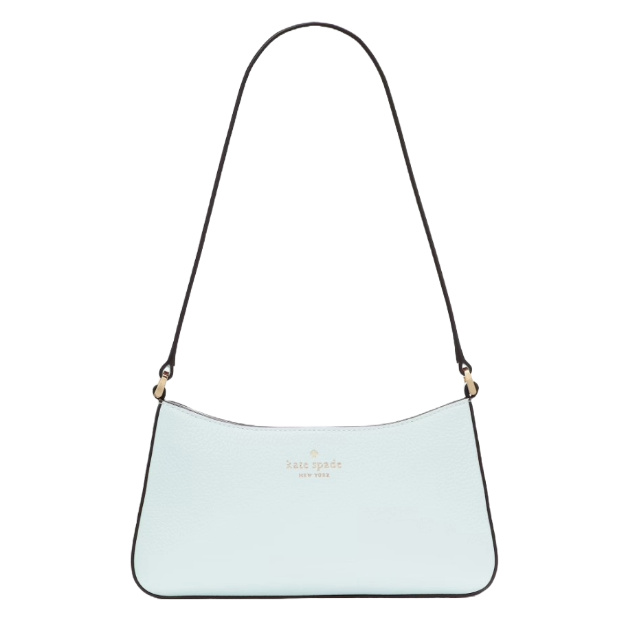 A light blue Kate Spade New York shoulder bag with a sleek design and black strap, featuring gold-tone hardware and the brand's logo on the front.
