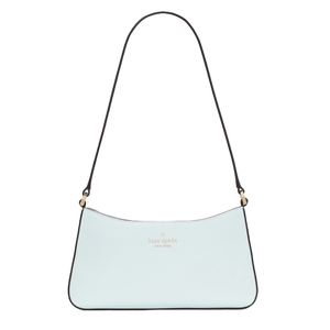 A light blue Kate Spade New York shoulder bag with a sleek design and black strap, featuring gold-tone hardware and the brand's logo on the front.
