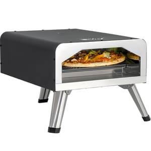 This is a compact electric pizza oven with a visible pizza inside, featuring a black exterior and sturdy silver legs.
