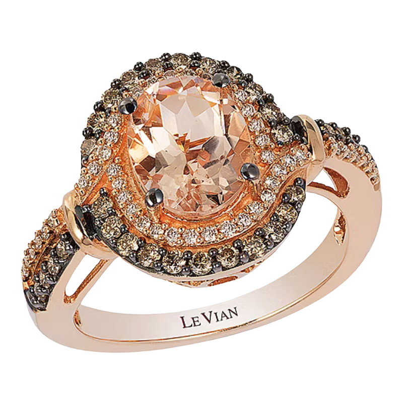 Rose gold ring featuring an oval morganite stone, surrounded by chocolate and white diamonds, set with prongs.
