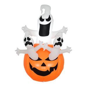 Inflatable Halloween decoration featuring three white ghosts emerging from an orange jack-o'-lantern.
