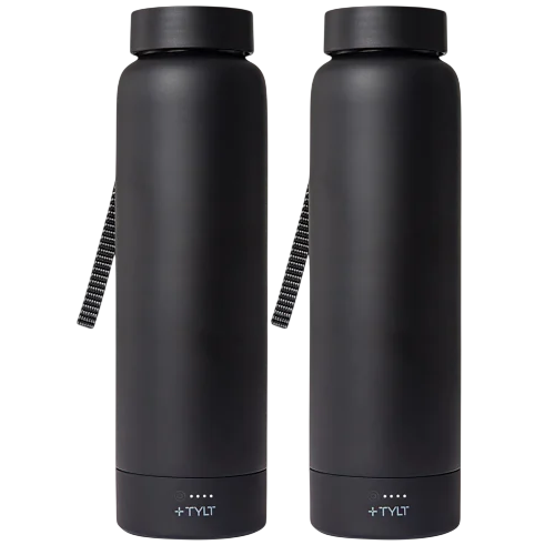Two black insulated bottles with a digital display and a striped carrying strap, branded with \“TYLT\“ at the base.