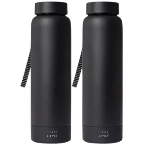 Two black insulated bottles with a digital display and a striped carrying strap, branded with \“TYLT\“ at the base.