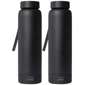 Two black insulated bottles with a digital display and a striped carrying strap, branded with \“TYLT\“ at the base.