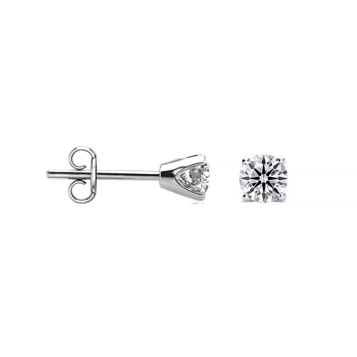 Pair of 1/4ct lab-grown diamond stud earrings with round-cut stones set in four-prong mountings, attached to standard push-back posts for secure wear.