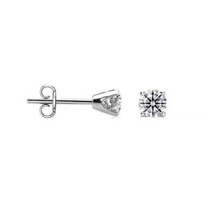 Pair of 1/4ct lab-grown diamond stud earrings with round-cut stones set in four-prong mountings, attached to standard push-back posts for secure wear.