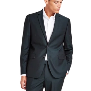 A dark suit featuring a slim-fit design with a two-button jacket and notched lapel, paired with matching trousers and a white dress shirt.