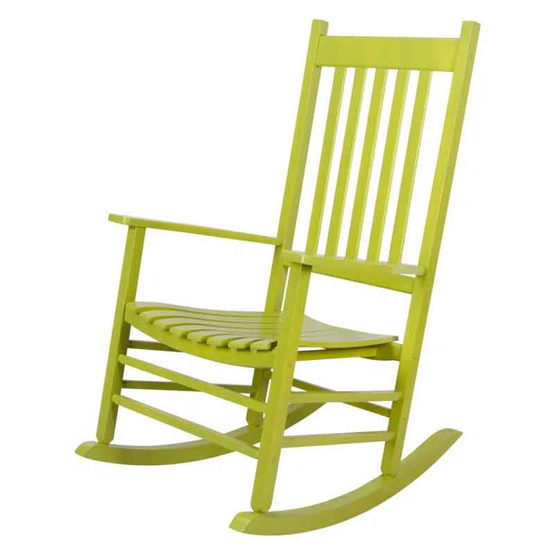 A lime green wooden rocking chair with slatted back and seat, designed for comfort and style.