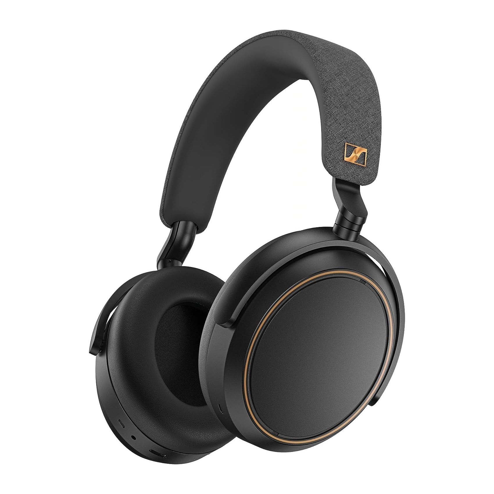 Black Sennheiser Momentum 4 wireless headphones with over-ear design, featuring a fabric headband and golden accents on the earcups.