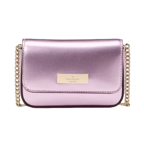 A metallic pink leather crossbody bag with a gold chain strap and a rectangular logo plaque on the front.