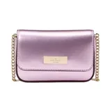 A metallic pink leather crossbody bag with a gold chain strap and a rectangular logo plaque on the front.
