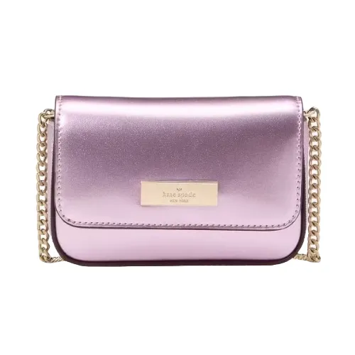 A metallic pink leather crossbody bag with a gold chain strap and a rectangular logo plaque on the front.