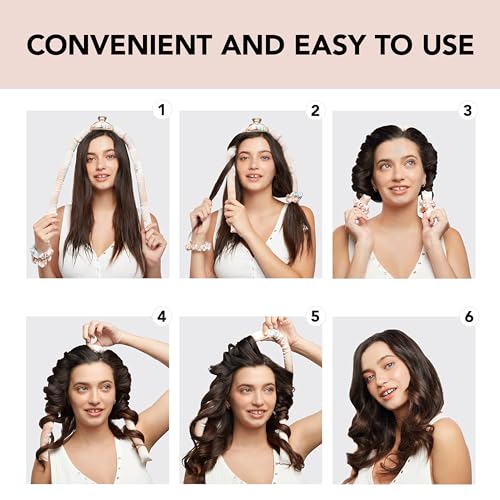 Six-step visual instruction on how to use satin curling strips, showing the process from straight hair to curled results on a woman.